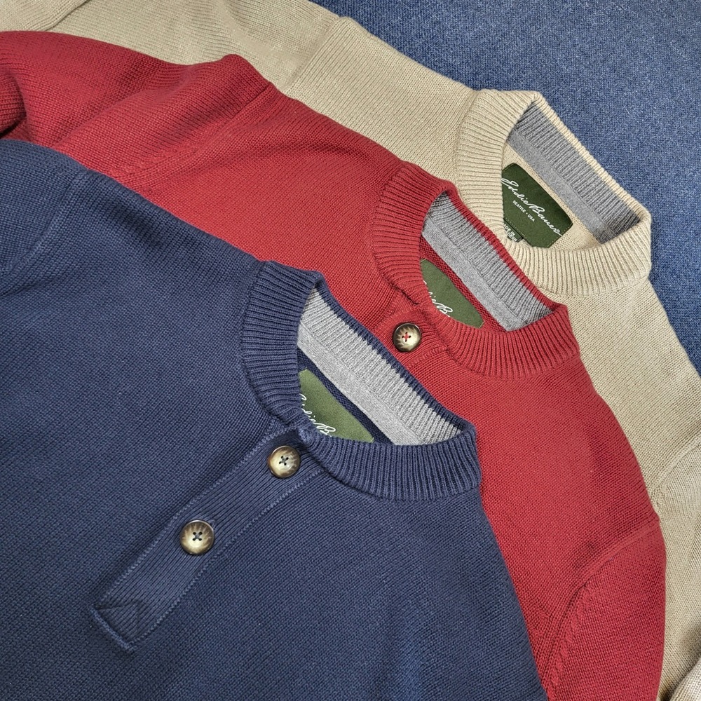 Eddie Bauer Mens Henley Sweater Lot Of 3 100% Combed Cotton Red Navy Tan Large